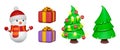 Winter 3d xmas tree with garland, snowman and gift box with bow. Christmas realistic plastic toys, green plastiline