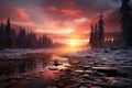 Winter Dawn with Vibrant Skies over Frozen River. Generative AI Royalty Free Stock Photo