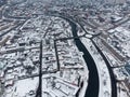 Winter day aerial river black pattern in Kharkiv