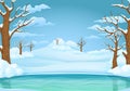 Winter day background. Frozen lake or river with snow covered leafless trees and bushes.