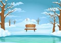 Winter day background. Frozen lake or river with snow covered wooden bench, bare trees. Snowy meadows and hills in the background. Royalty Free Stock Photo