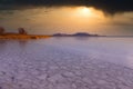 Winter day with frozen lake Balaton in Hungary in sunset light Royalty Free Stock Photo