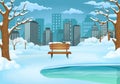 Winter day illustration. Snow covered wooden bench by the frozen lake with leafless trees and cityscape Royalty Free Stock Photo