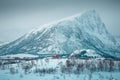 Winter day in norwegian mountains and epic view, Norway. Amazing landscape in Lofoten. Lovely clouds Royalty Free Stock Photo