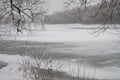 Winter day. River frozen - covered with ice and naked trees covered with white snow on there branches. Walking on nature