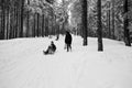 Winter day with snow and happy mother and doughter sleighing the