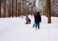 Winter day with snow and happy mother and doughter sleighing the