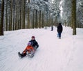 Winter day with snow and happy mother and doughter sleighing the