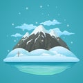 Three snowy mountains with snow covered hills, bare trees, frozen lake, falling snow and clouds. Royalty Free Stock Photo