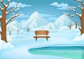 Winter day illustration. Snow covered wooden bench by the frozen lake with mountains in the background. Royalty Free Stock Photo