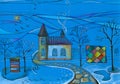 Winter day in village. Colorful drawing of country house in snowy garden Royalty Free Stock Photo