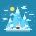 Winter daytime landscape. Houses on a background of mountains. Vector flat illustration