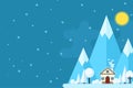 Winter daytime landscape. Houses on a background of mountains. Vector flat illustration