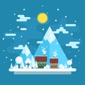 Winter daytime landscape. Houses on a background of mountains. Vector flat illustration