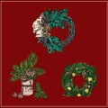 Winter decor for the holiday. New Year`s and Christmas. Wreaths, fir branches and cones, toys, vanilla sticks. Vector isolated