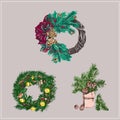 Winter decor for the holiday. New Year`s and Christmas. Wreaths, fir branches and cones, toys, vanilla sticks. Vector isolated