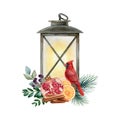 Winter Decor With Vintage Lantern And Red Cardinal Bird. Watercolor Illustration. Hand Drawn Wintertime Festive Vintage