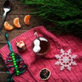 Winter decoration. Composition on wood background. Hot tea, candles, cut grapefruit. Christmas. Christmas mood. Christmas spirit. Royalty Free Stock Photo