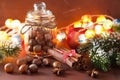 Winter decoration spices cinnamon christmas tree nuts Royalty Free Stock Photo