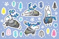 Winter deer with decorative horns sticker set. Vector illustration