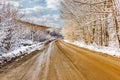 Winter dirt road passing through the forest in the mountains Royalty Free Stock Photo