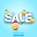 Winter discounts. Seasonal sale. Smiling yellow balls with happy eyes and ruddy cheeks in New Year`s caps.