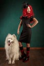 Winter dog holiday and Christmas. Girl in a black dress and with red hair with a pet in the studio. Christmas woman with Royalty Free Stock Photo