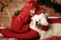 Winter dog holiday and Christmas. A girl in a knitted sweater and with red hair with a pet in the studio. Christmas Royalty Free Stock Photo