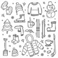 Winter doodle hand drawn objects with line art style vector illustration