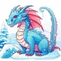 A winter dragon sitting on a rock amid a landscape of snow-capped mountains. A cartoon fantasy character, a magical creature