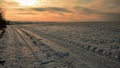 Winter dramatic landscape with snowy field road and trees as seen through brown photocrhomatic lens with UV filter.