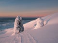 Winter dramatic minimalistic landscape at sunset. A snowdrift, trees covered with snow, a snow-covered road down a hill with a Royalty Free Stock Photo