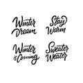 Winter dream, stay warm, winter is coming. Hand drawn lettering phrases.