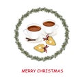 Winter drink Merry Christmas banner. Two cup of tea cinnamomum in fir tree branch heart shape cookies