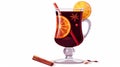 Winter drink with orange slice, clove, and straw, mulled wine. Spiced alcohol, gluhwein. White background modern