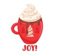 Winter Drink in Red Cup with Fir Trees Design. Hot Beverage with Whipped Cream, Cartoon Mug with Cocoa, Dripping Choco
