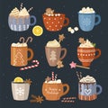 Winter drinks. Beverages christmas celebration liquid food coffee tea cappuccino with marshmallows decorative mugs Royalty Free Stock Photo