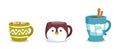 Winter Drinks in Decorated Christmas Cups Penguin and Knit Scarf, Cocoa with Marshmallow, Coffee or Tea Hot Beverages