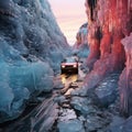 Winter Drive: Vehicles Journeying in a Pastel-Colored Frozen World