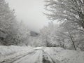 Winter Driving: dangerous mountain road with snow. View of Passo Godi in Abruzzo, Italy