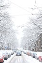 Winter Driving in Snow. Aerial winter view. Beautiful winter covered snow town in cold snowy day. Street.