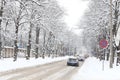 Winter Driving in Snow. Aerial winter view. Beautiful winter covered snow town in cold snowy day. Street.