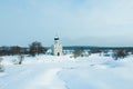 Winter drone shot of Church of the Intercession on the Nerl in Bogolubovo Royalty Free Stock Photo