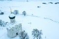 Winter drone view of Church of the Intercession on the Nerl in Bogolubovo Royalty Free Stock Photo