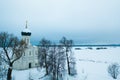 Winter drone view of Church of the Intercession on the Nerl in Bogolubovo Royalty Free Stock Photo