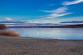 Winter dusk paysage landscape of sunset iced frozen river beach