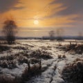 Winter or early spring landscape with field at sunset Royalty Free Stock Photo