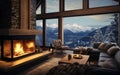 Winter Elegance Fireplace in the Interior of a Luxury Chalet. Generative AI