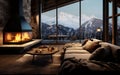 Winter Elegance Fireplace in the Interior of a Luxury Chalet. Generative AI