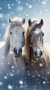 Winter elegance horses on a snowy backdrop with space